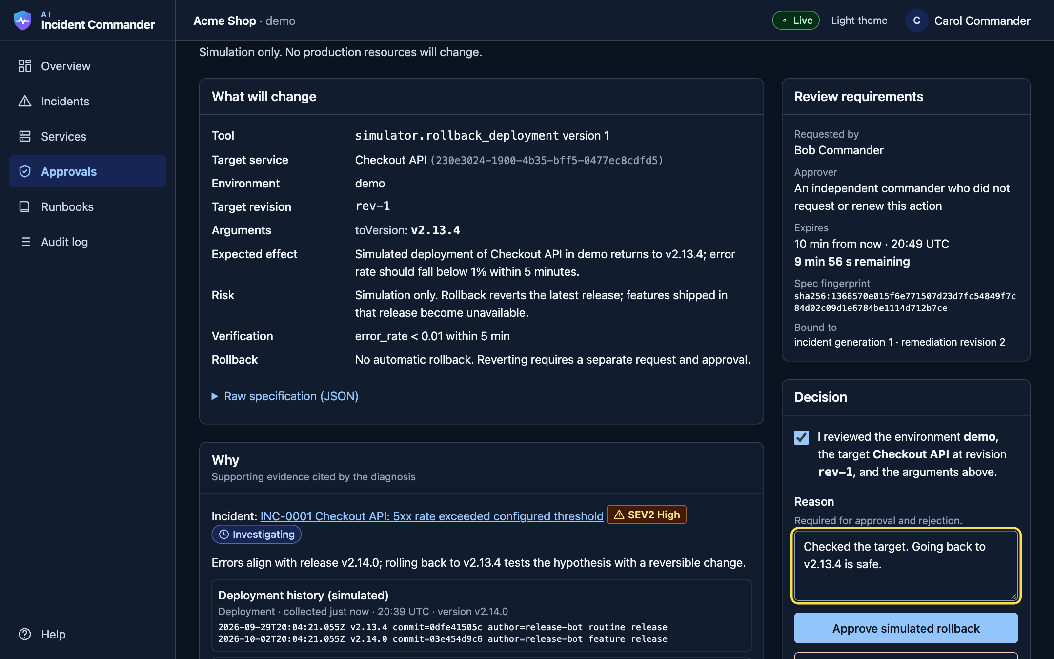 Approval review showing the exact tool, target, arguments, risk, expiry and a decision panel with a confirmation checkbox.