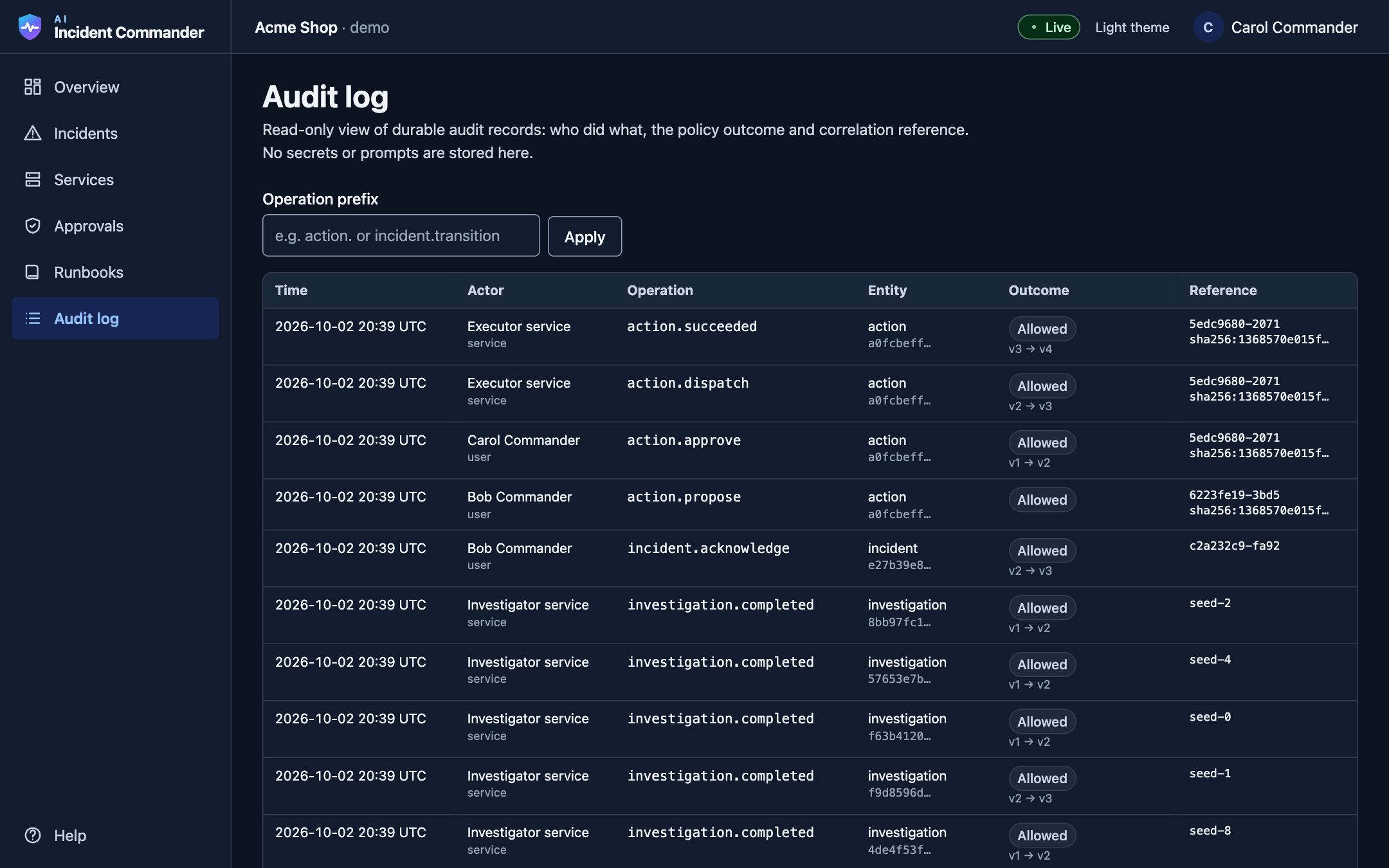 Audit log table listing actors, operations, entities, outcomes and request references.