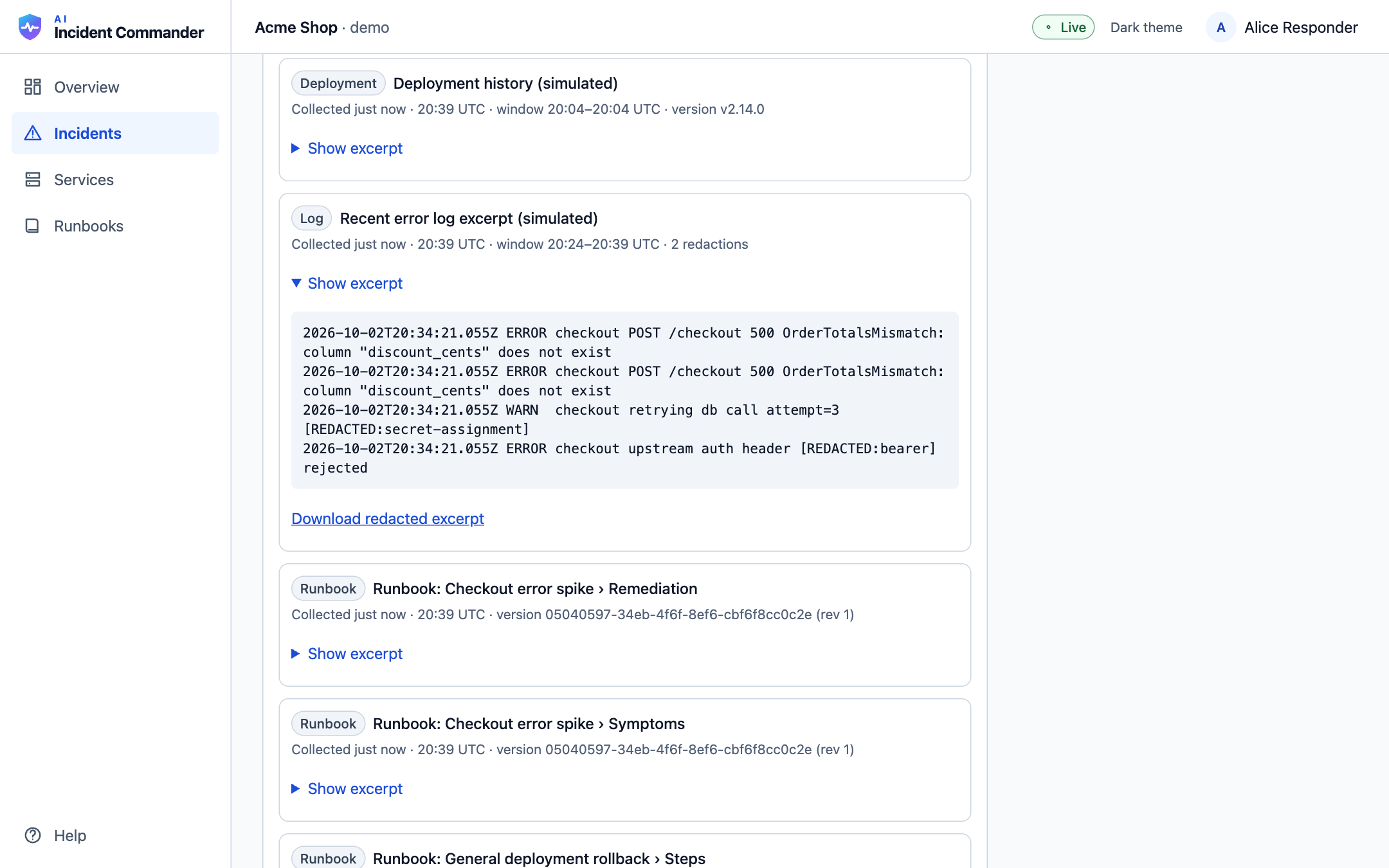 Log excerpt where a password and an API token are replaced by REDACTED markers.