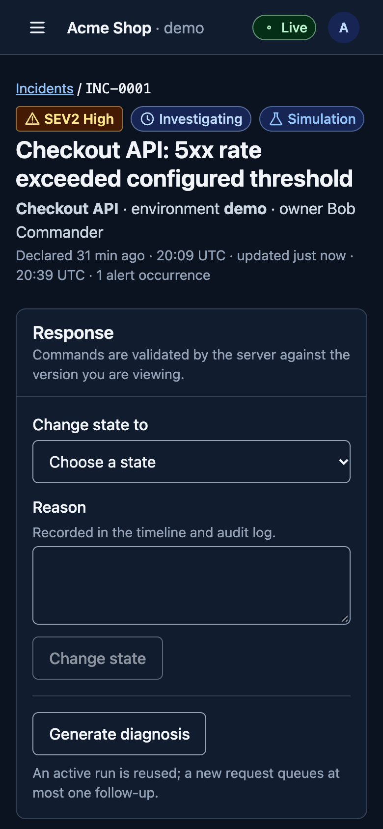 Incident detail on a phone with status, owner and response actions.