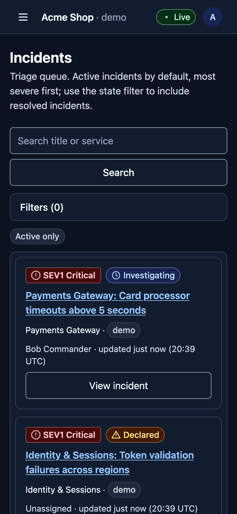 Incident cards on a phone with severity, state, owner and an Acknowledge button.