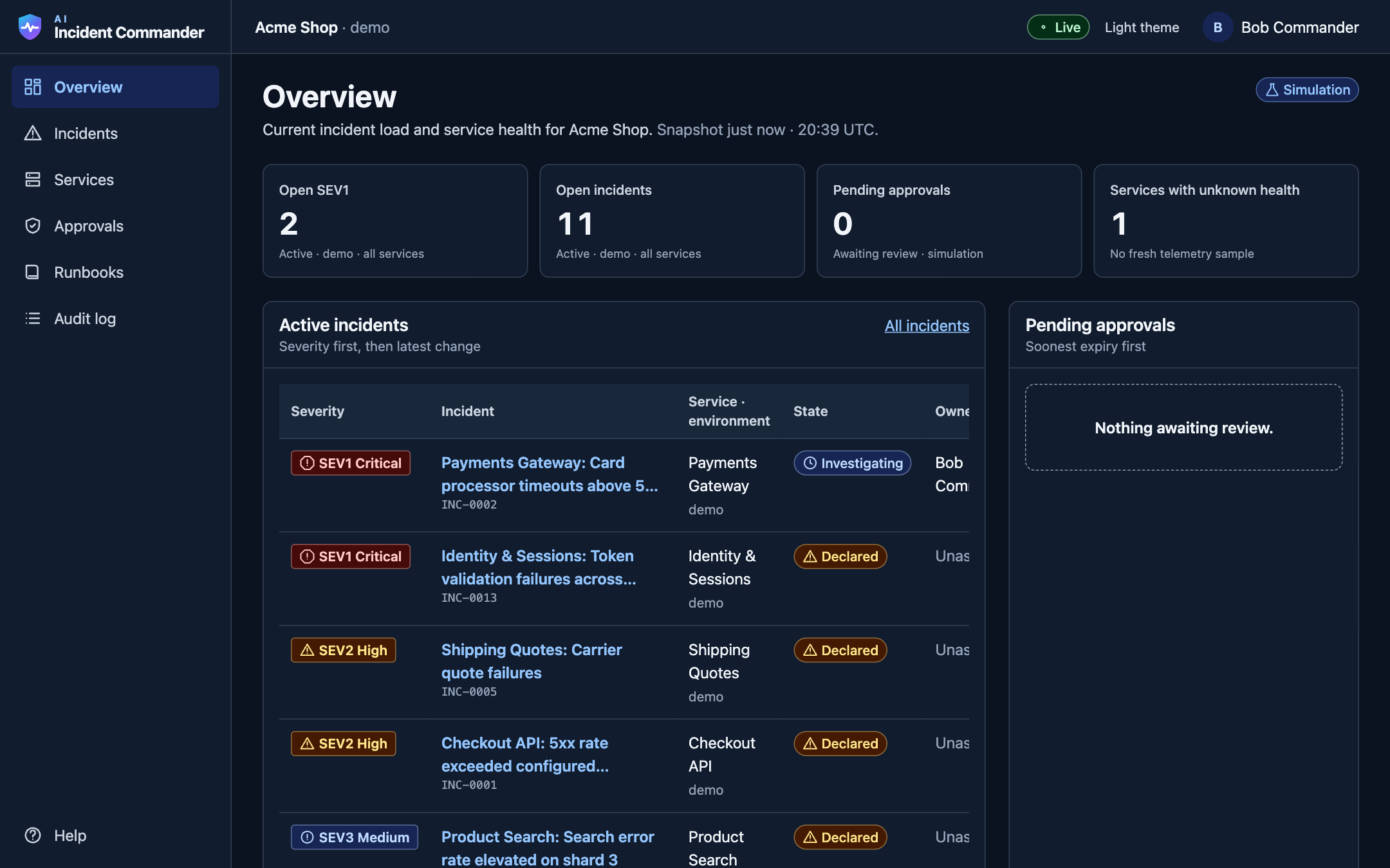 AI Incident Commander overview: open SEV1 count, open incidents, pending approvals, unknown health, and the active incidents table.